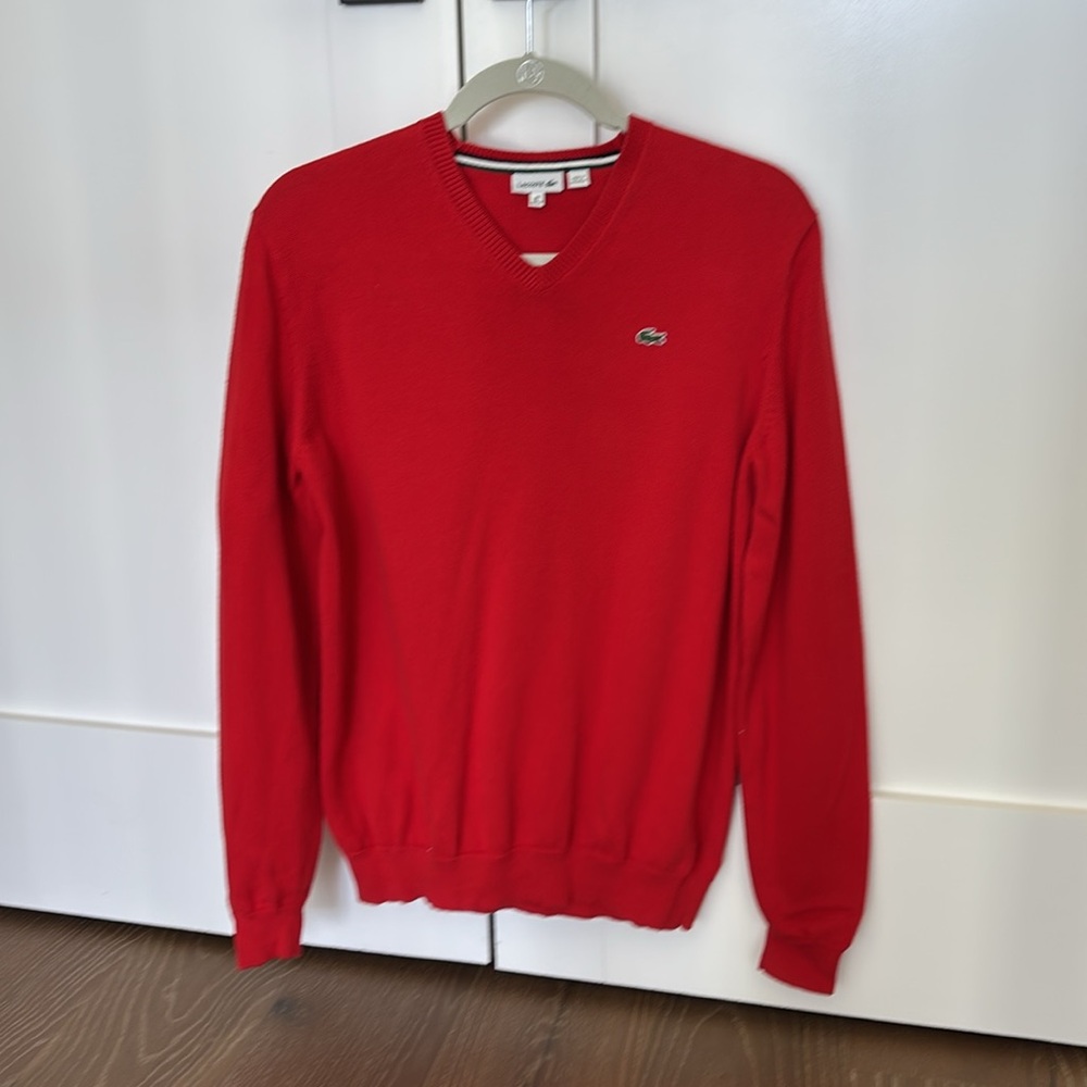 Lacoste boys size 16 Red cotton V-Neck Sweater
